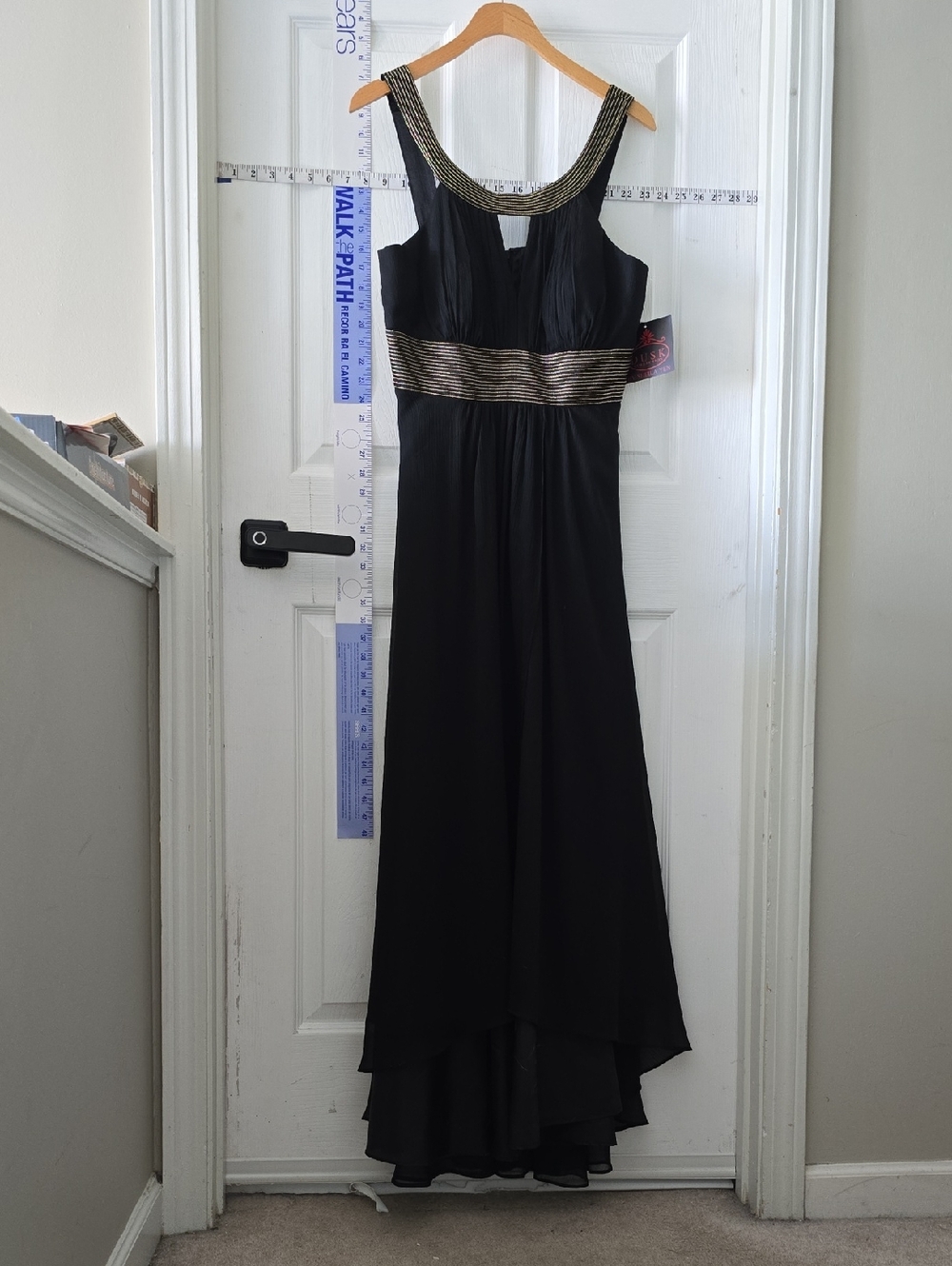 Black High-Low Evening Dress with Gold Accents